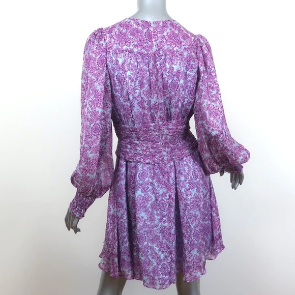 AMUR Twist-Front Dress Purple/Blue Printed Silk Chiffon Size 6 Long Sleeve Mini - Picture 5 of 8